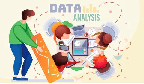 Data analysis teamwork. A team of analysts holds a meeting and develops a Illustrazione stock