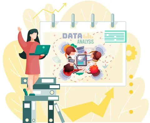 Data analysis teamwork. A team of analysts holds a meeting and develops a Illustrazione stock
