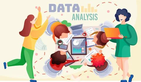 Data analysis teamwork. A team of analysts holds a meeting and develops a Illustrazione stock