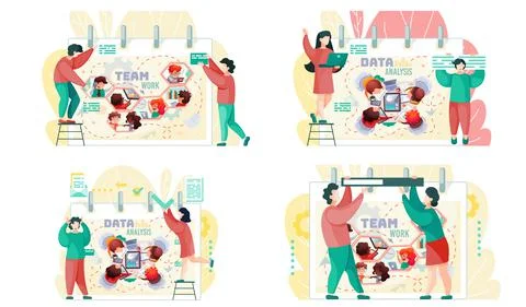 Data analysis teamwork. A team of analysts holds a meeting, develops a marketing Illustrazione stock