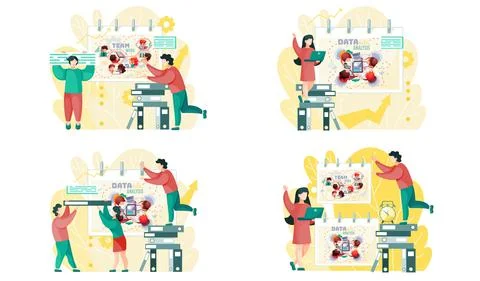 Data analysis teamwork. A team of analysts holds a meeting, develops a marketing Illustrazione stock