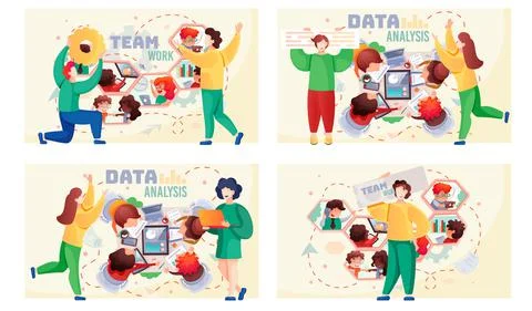 Data analysis teamwork. A team of analysts holds a meeting, develops a marketing Illustrazione stock