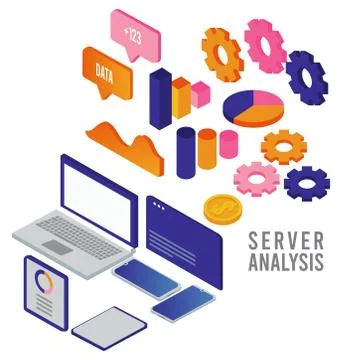 Data analysis technology with digital devices and statistics infographic Illustrazione stock