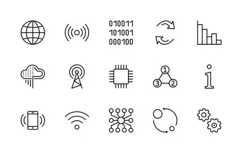 Data Analysis Technology Line Icons. Icon Charts, Wi-fi, Graphs. Editable Str Stock Illustration