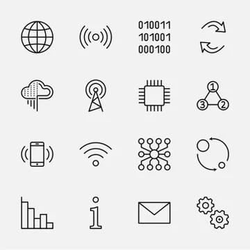Data Analysis Technology Line Icons. Icon Charts, Wi-fi, Graphs. Editable Str Stock Illustration