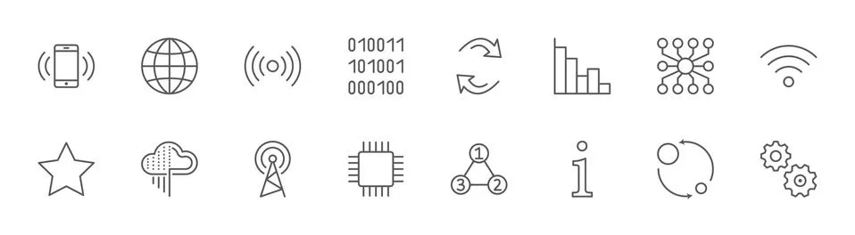 Data Analysis Technology Line Icons. Icon Charts, Wi-fi, Graphs. Editable Str Stock Illustration