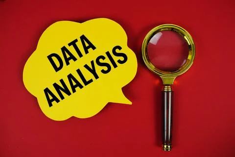 Data Analysis text with speech bubble and magnifying glass on red background Stock Photos