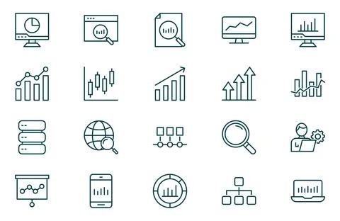 Data Analysis - thin line vector icon set. Pixel perfect. Editable stroke. .. Stock Illustration