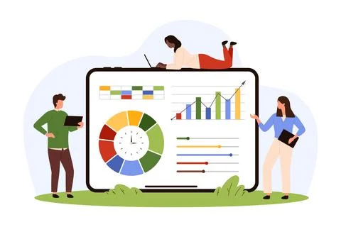 Data analysis, tiny people research information and report results on big tablet 스톡 일러스트