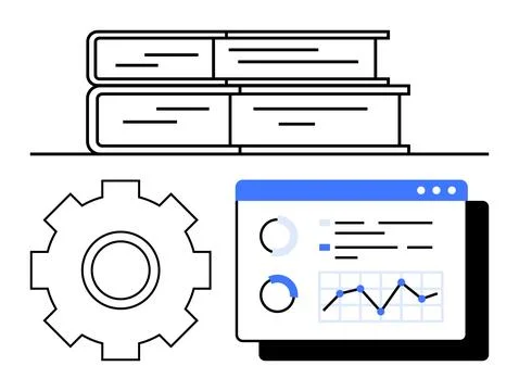 Data Analysis Tools with Books and Gear Knowledge and Automation Concepts Stock Illustration