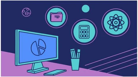 Data analysis tools pie chart calculator atom files desktop computer modern Stock Illustration