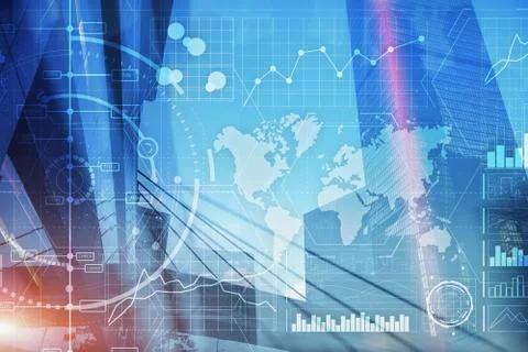 Data Analysis. Trading Control Panel on Virtual Screen Modern City Background Illustrazione stock