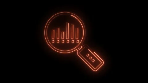Data analysis under neon magnifying glass glowing orange on a black background Stock Footage 322960680