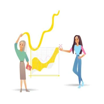 Data analysis vector illustration with two girls near big digital graphics with Stock Illustration