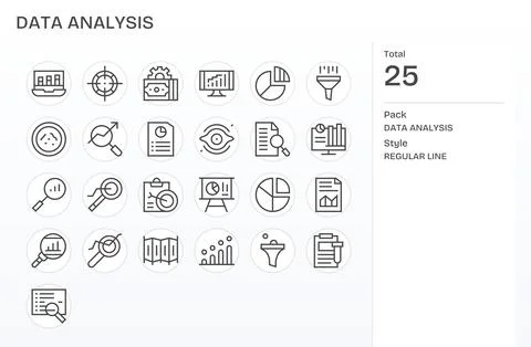 Data Analysis Visual Pack containing 25 Regular Line Detail Enhanced Vector.. Illustrazione stock