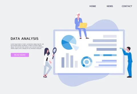 Data analysis web banner with people analysing graphs, flat vector illustration. Stock Illustration