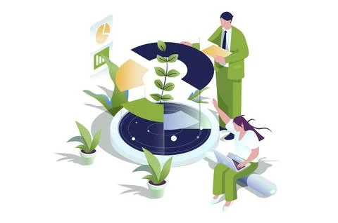 Data analysis web concept in 3d isometric design. People making financial rep Stock Photos