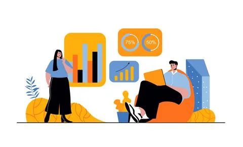 Data analysis web concept with people in flat cartoon design. Woman and man w イラスト素材