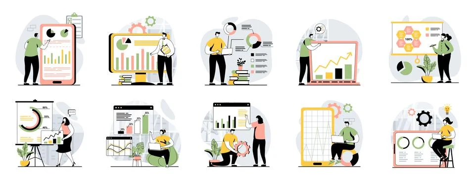 Data analysis web concept with people scenes mega set in flat design. Bundle  Stock Illustration