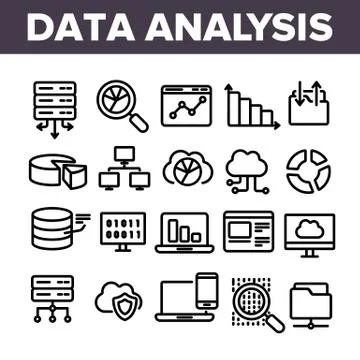 Data Analysis, Web Storage Linear Vector Icons Set Illustrazione stock