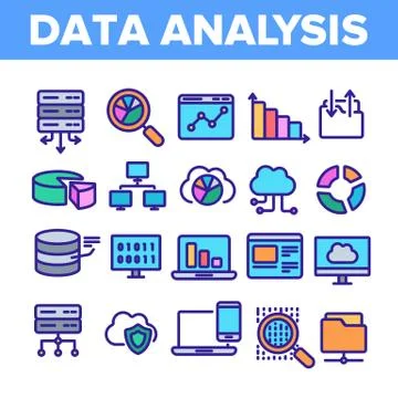 Data Analysis, Web Storage Linear Icons Set Illustrazione stock