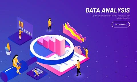 Data analysis web template design with 3D illustration of magnifying glass,.. Stock Illustration