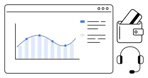 Data analysis window featuring a graph and list elements, a wallet with credi Illustrazione stock