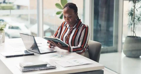 Data analysis, woman and reading with tablet in office, review market forec.. Stock Photos