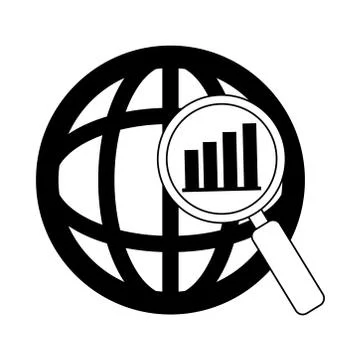 Data analysis, world magnifier diagram financial report line icon Stock Illustration