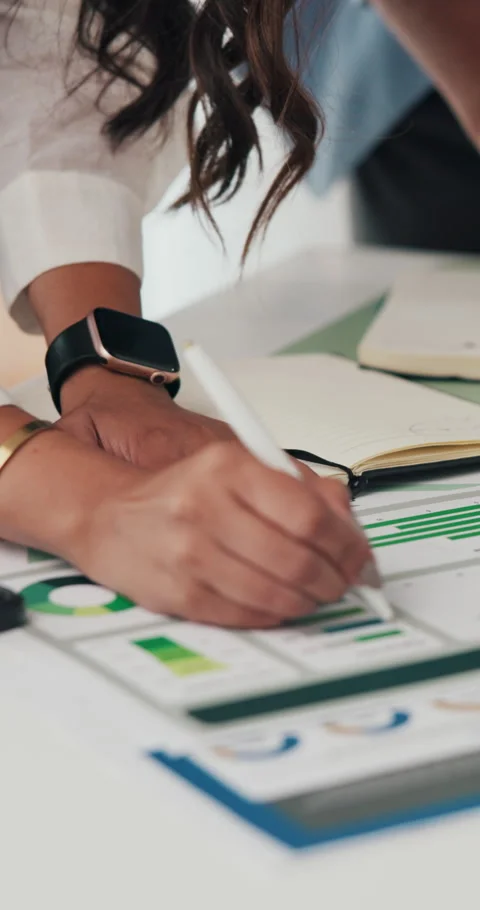 Data analysis, writing and hands of people in office, track sales profit and 動画素材 331127119