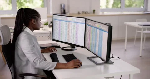 Data Analyst African Woman Using Spreadsheet Stock Footage 246242370