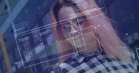 Data analyst analyzing holographic data panels in office space, with checkered Stock Photos