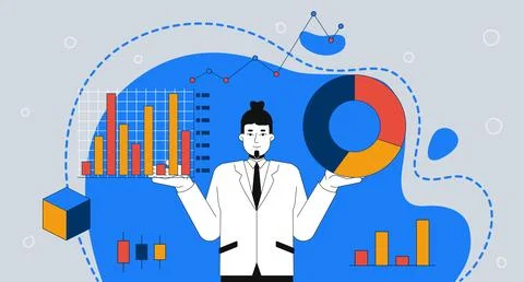 Data analyst with business charts 2D mixed media illustration Stock Illustration