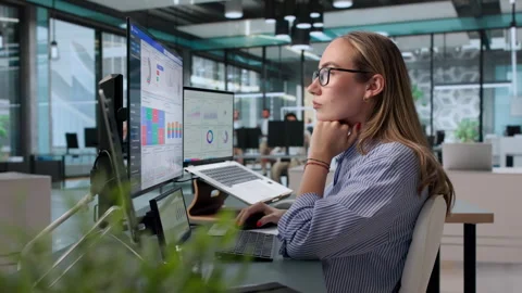 Data Analyst Carefully Reviewing Financial KPIs Stock Footage 339898591