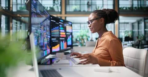 Data Analyst Excitedly Raises Hands Celebrating Strong Financial Dashboard Su Stock Photos