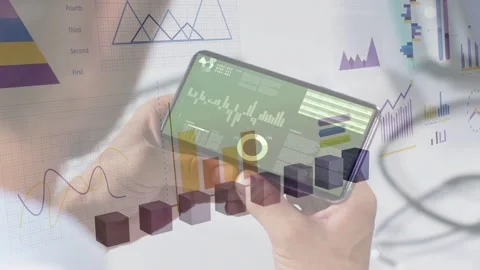 Data analyst holding phone, tilting and tapping screen, animating 3D bars over Stock Footage 335465425