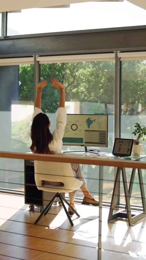 Data analyst, home office and woman with computer screen, stretching or Stock Footage 333705075