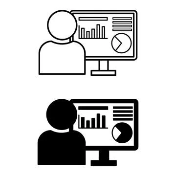 Data Analyst Icons. Black and White Vector Icons of a Person Studying and A.. Stock Illustration