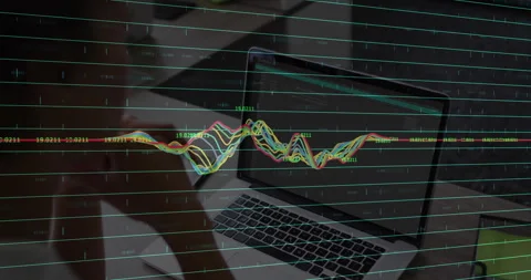 Data analyst initiating software launch, analyzing animated waveform graphs Stock Footage 309895475