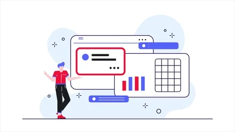 Data analyst interacting with graphs and digital UI elements illustration Stock Footage 292948298