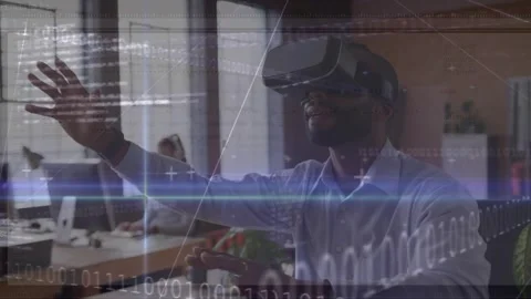 Data analyst lifting right hand, sweeping holographic chart elements, rotating Stock Footage 319682423