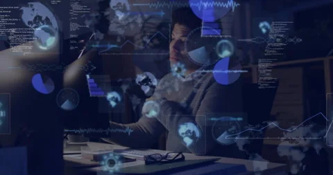 Data analyst monitoring data flows at desk, with floating world maps, code Stock Footage 308654491