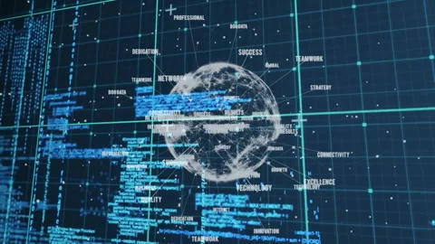 Data analyst monitoring tech interface, with wireframe globe, floating labels, Stock Footage 309145096