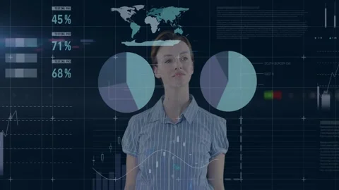 Data analyst opening eyes and extending hand in tech grid, summoning charts and Stock Footage 329909832