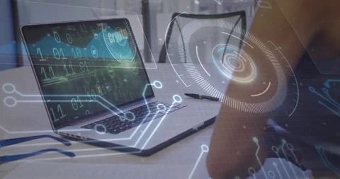 Data analyst opening laptop checking system monitoring pulsing binary streams by Video stock 311454696