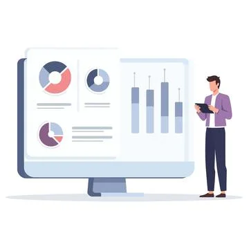 Data analyst or businessman working with charts and graphs on a screen Stock-Illustration