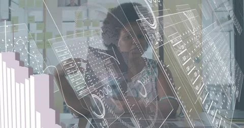 Data analyst picking up sheets and arranging as animated analytics charts 動画素材 318063551