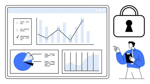 Data analyst pointing at screen displaying charts, graphs, and pie charts alo イラスト素材