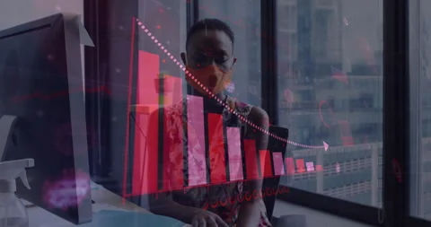 Data analyst positioning gloved hand on desk, invoking red bar chart overlay and Stock Footage 313571092