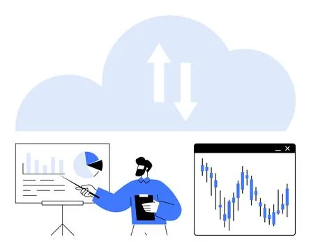 Data analyst presenting financial charts and cloud data integration for business Stockillustratie